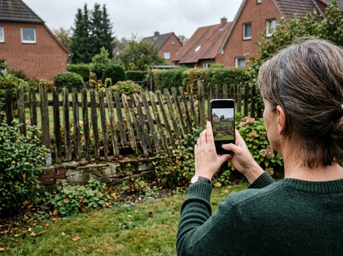 Hausbesitzerin fotografiert den alten Gartenzaun mit dem Handy