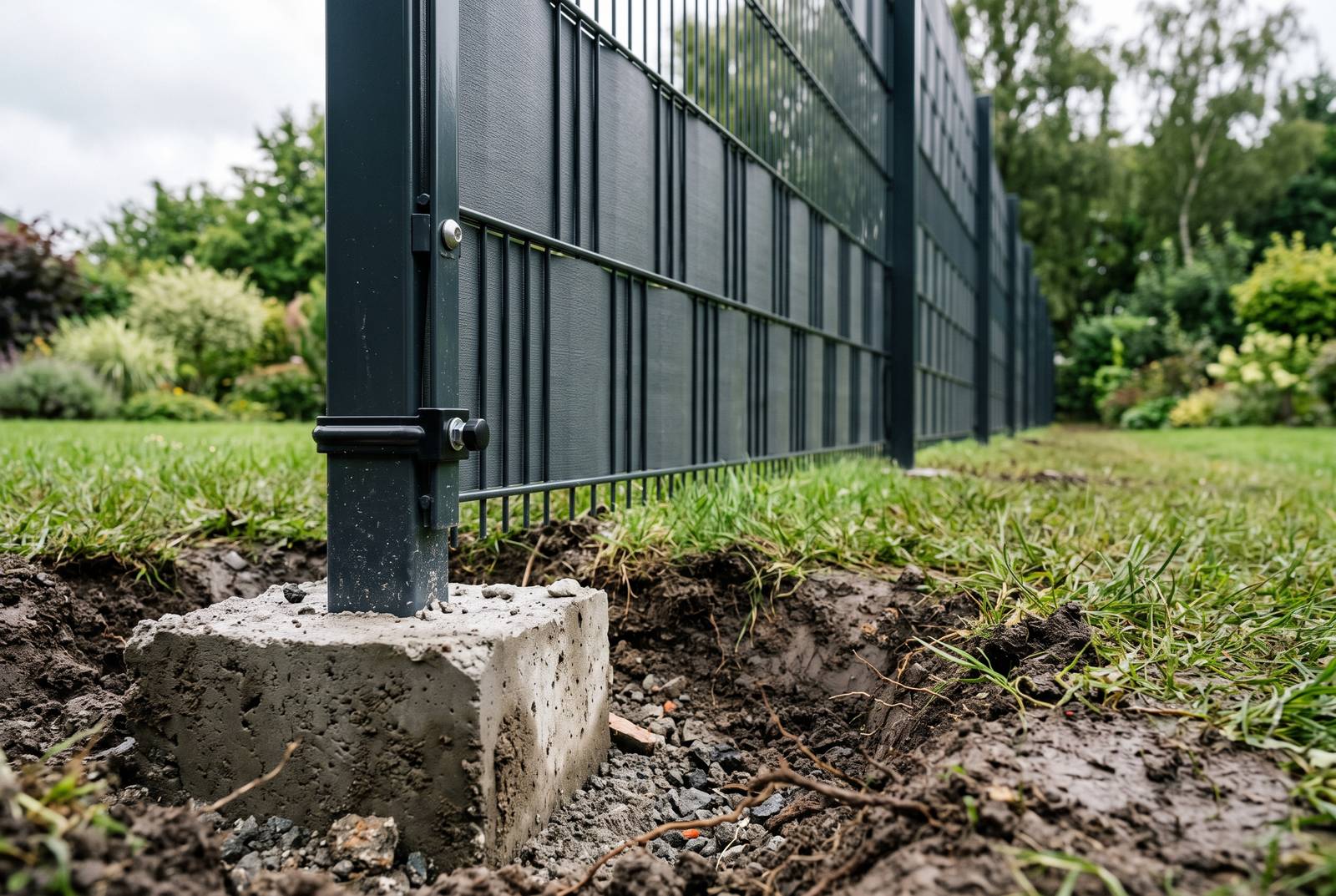 Fuß eines Doppelstabmattenzauns mit Pfosten, Betonfundament, Klemmhalter und Sichtschutzstreifen