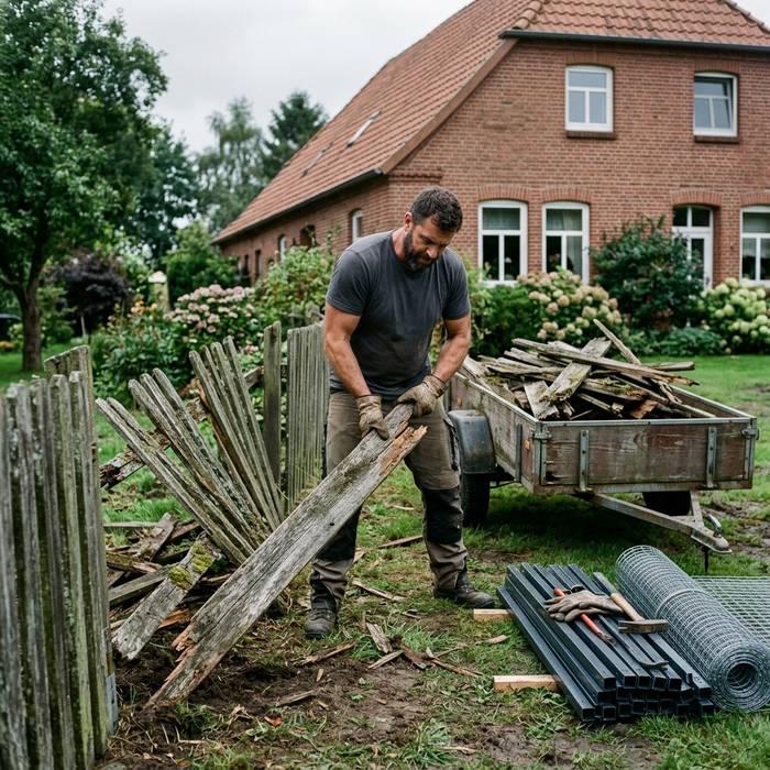 Alter Holzzaun wird abgebaut und auf einen Anhänger geladen