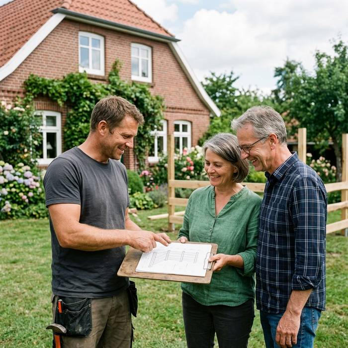 Zaunbauer bespricht die Zaunskizze mit einem Ehepaar im Garten