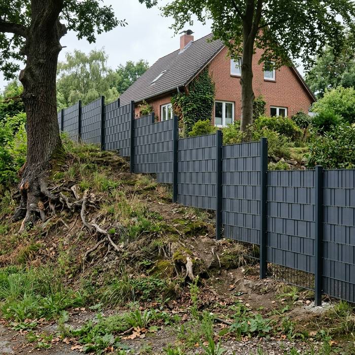 Doppelstabmattenzaun in Stufen an einem Hang