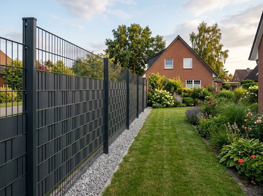 Anthrazitfarbener Doppelstabmattenzaun mit Sichtschutzstreifen an einem Garten in Ostfriesland