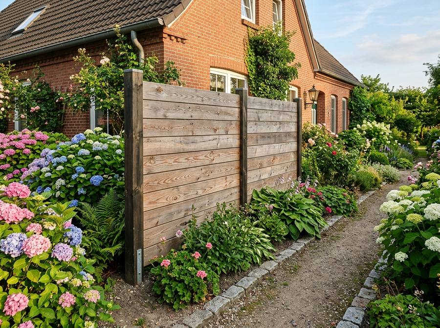 Sichtschutz aus Lärchenholz in einem Bauerngarten mit Hortensien