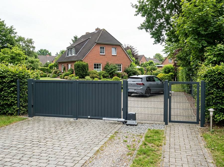 Zweiflügeliges Einfahrtstor in Anthrazit mit elektrischem Antrieb und Gartentür
